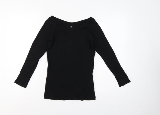 Uniqlo Women Black M Ribbed V-Neck Long Sleeve Slim Basic T-Shirt
