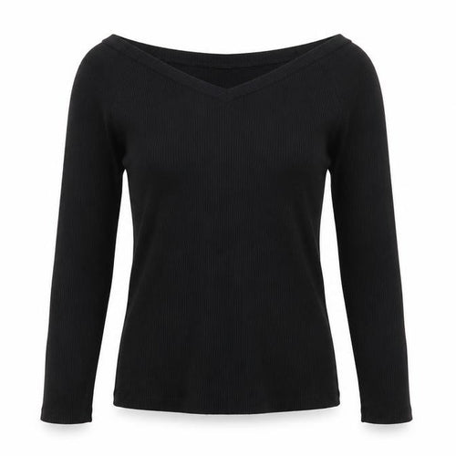 Uniqlo Women Black M Ribbed V-Neck Long Sleeve Slim Basic T-Shirt