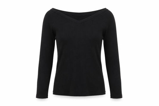 Uniqlo Women Black M Ribbed V-Neck Long Sleeve Slim Basic T-Shirt