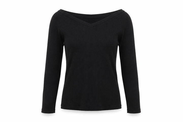 Uniqlo Women Black M Ribbed V-Neck Long Sleeve Slim Basic T-Shirt