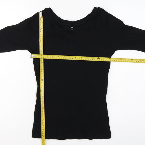 Uniqlo Women Black M Ribbed V-Neck Long Sleeve Slim Basic T-Shirt