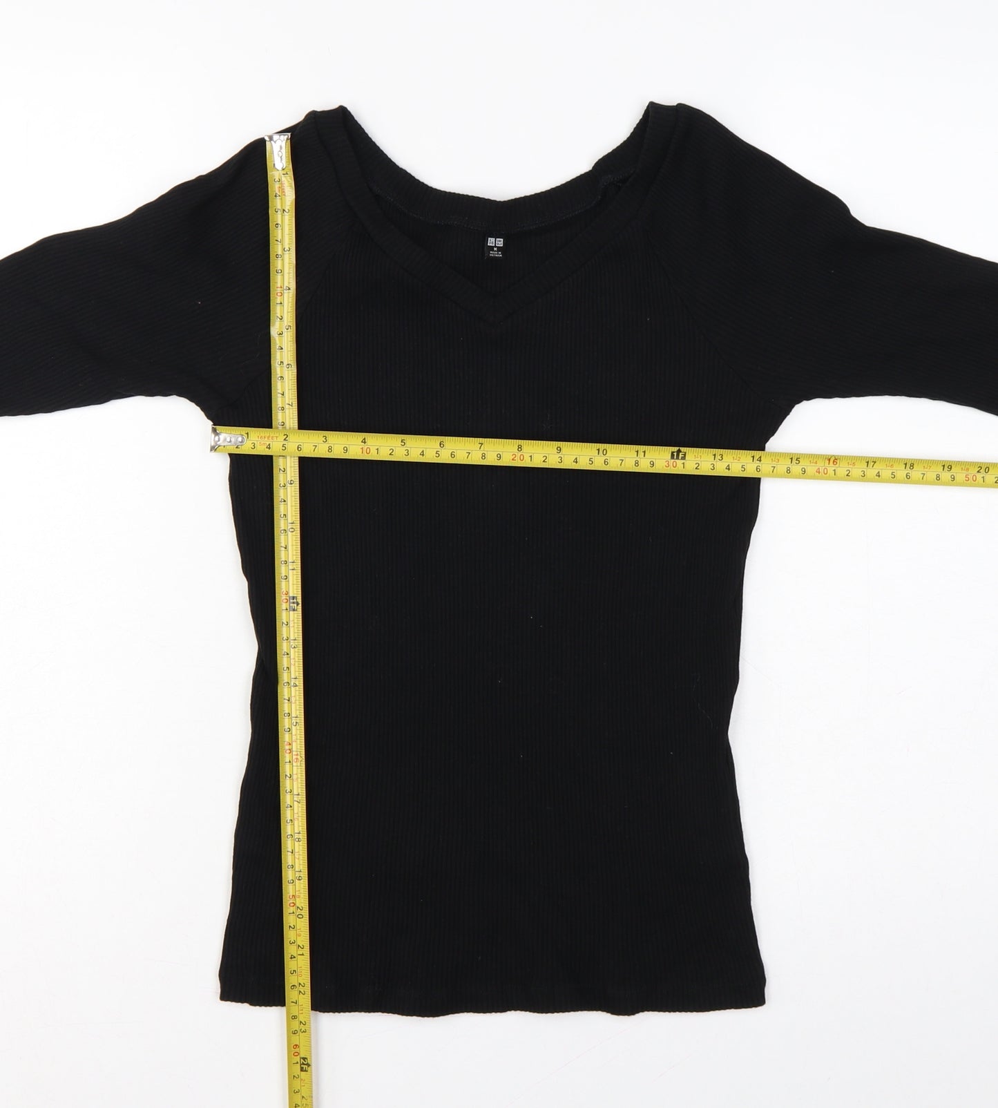 Uniqlo Women Black M Ribbed V-Neck Long Sleeve Slim Basic T-Shirt