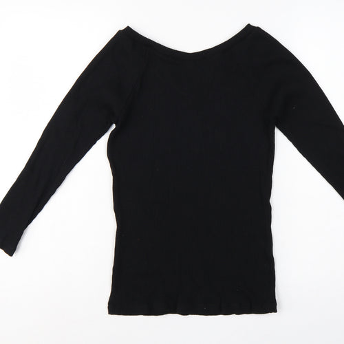 Uniqlo Women Black M Ribbed V-Neck Long Sleeve Slim Basic T-Shirt