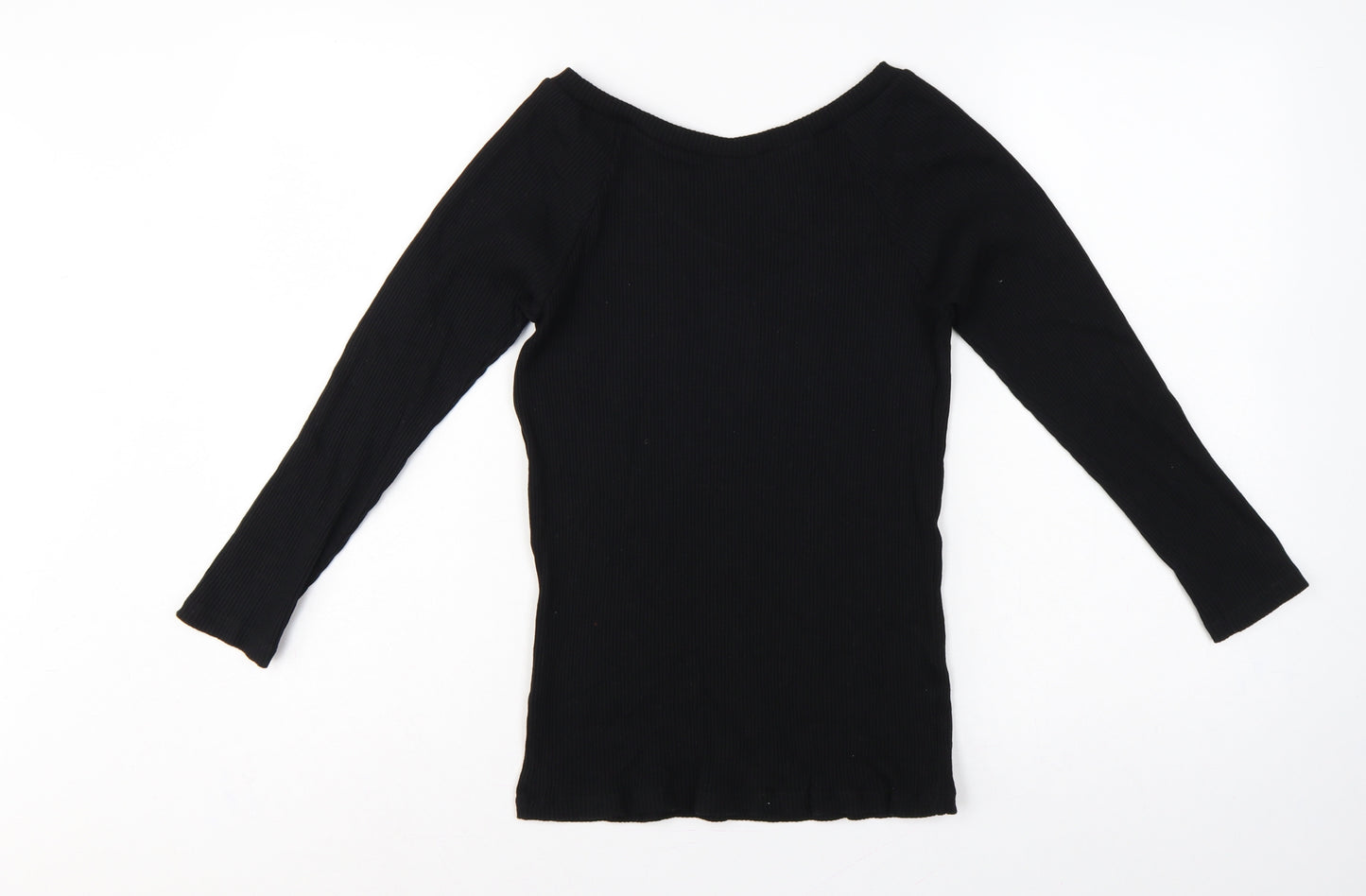 Uniqlo Women Black M Ribbed V-Neck Long Sleeve Slim Basic T-Shirt