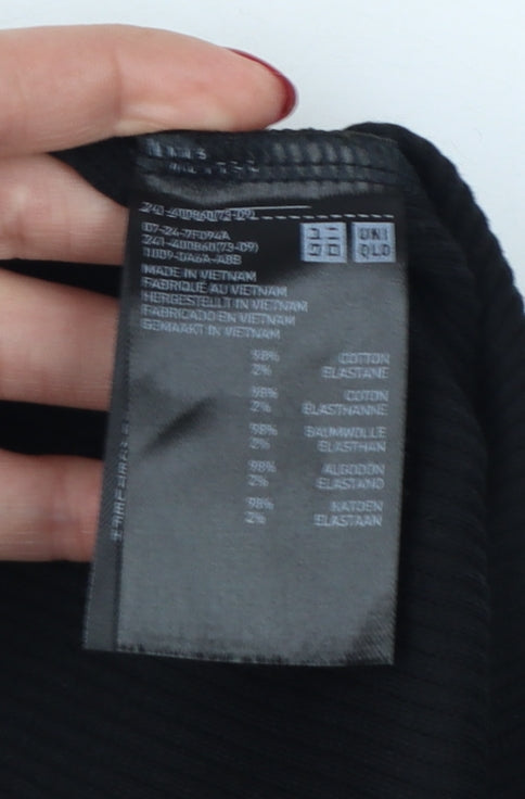 Uniqlo Women Black M Ribbed V-Neck Long Sleeve Slim Basic T-Shirt