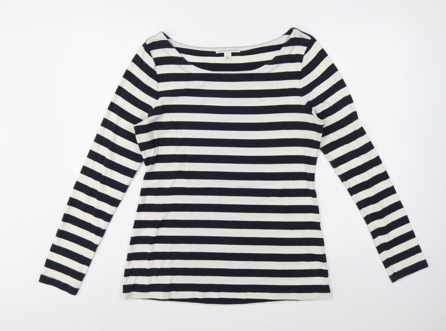 Banana Republic Women Blue Ivory L Striped Boat Neck Jersey T-Shirt