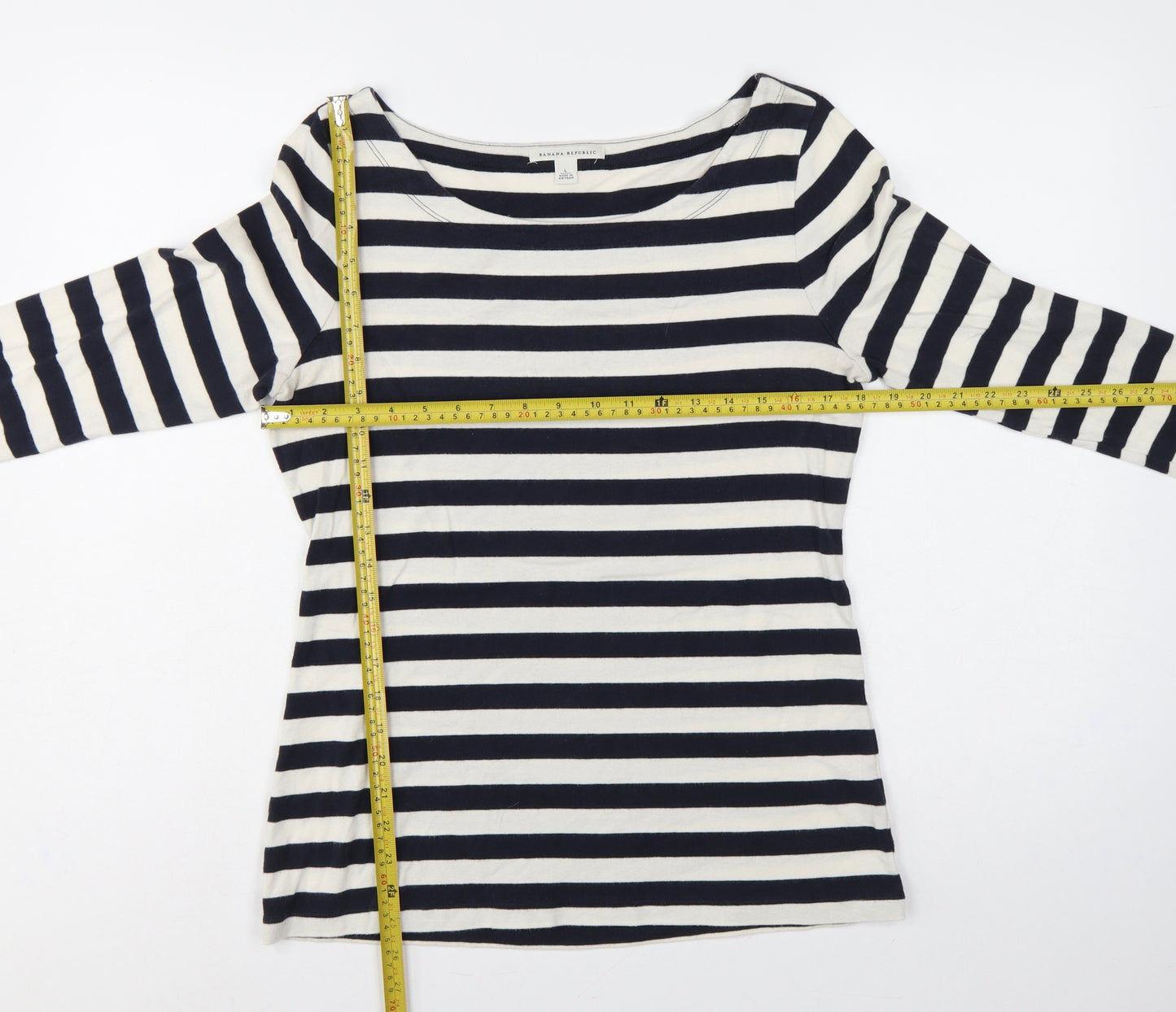 Banana Republic Women Blue Ivory L Striped Boat Neck Jersey T-Shirt