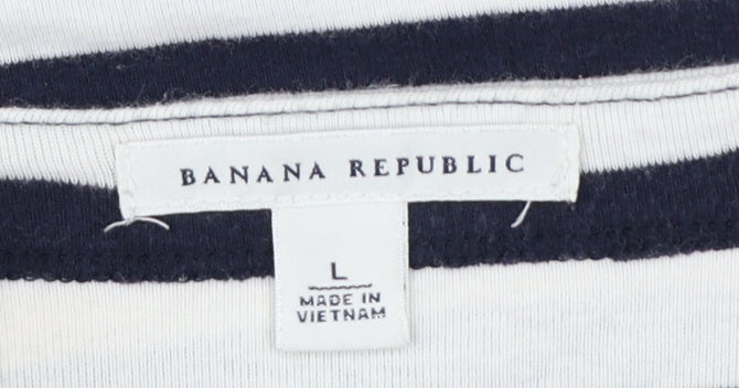 Banana Republic Women Blue Ivory L Striped Boat Neck Jersey T-Shirt