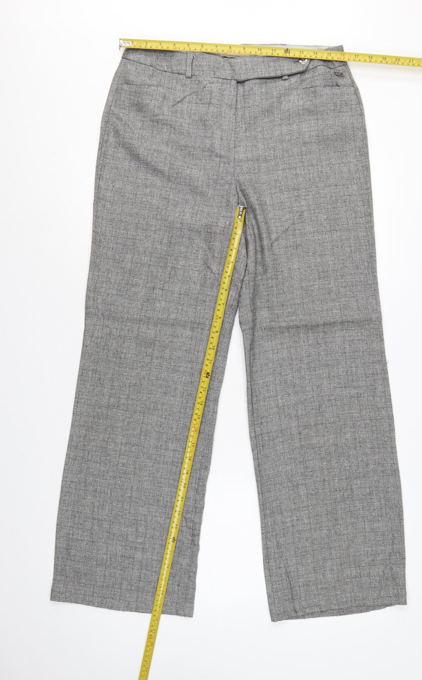 Per Una Women Grey Check Wool Blend Tailored Trousers UK 12