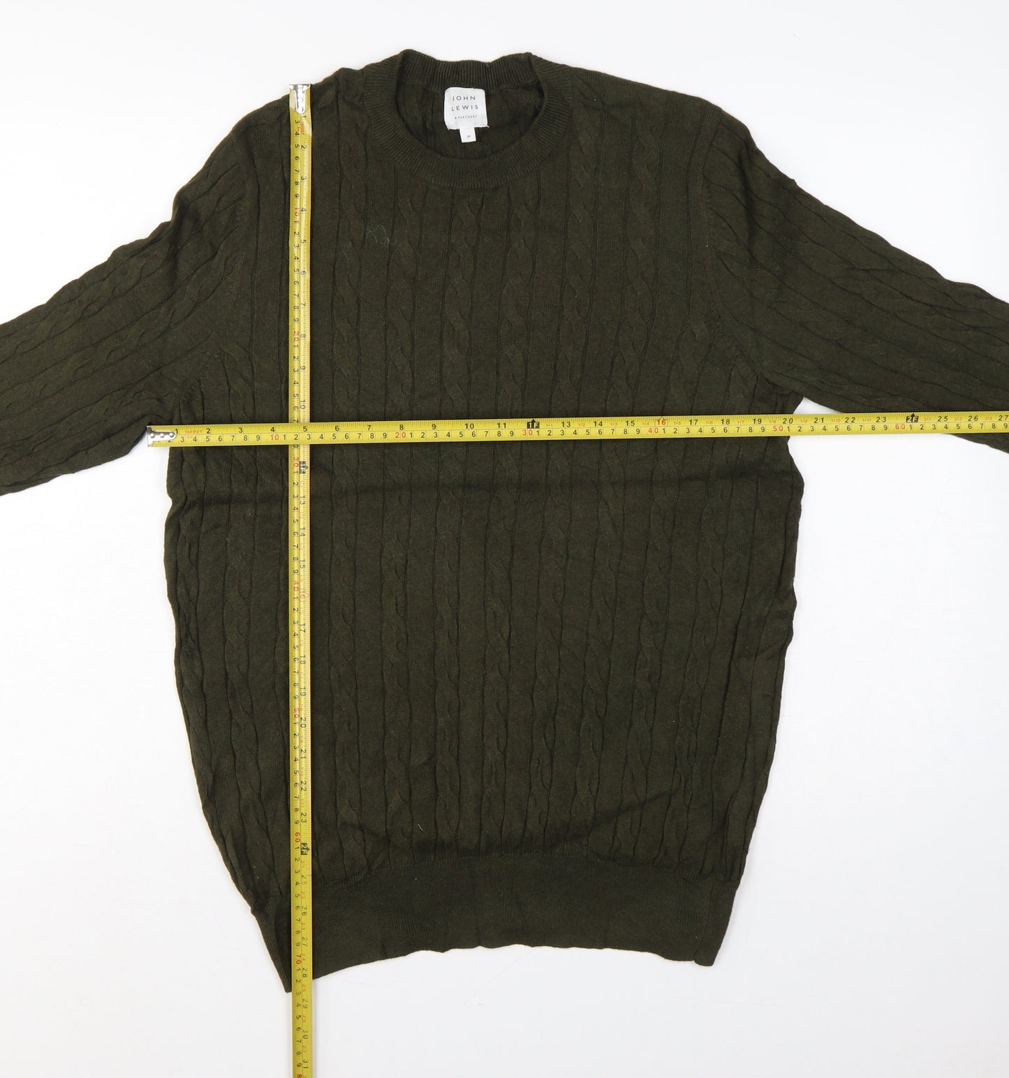 John Lewis Men’s Green M Cable Knit Cotton Cashmere Crew Neck Jumper