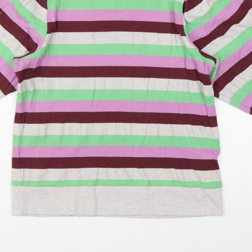 Oliver Bonas Women Multicoloured UK 10 Striped Ribbed Balloon Sleeve Top