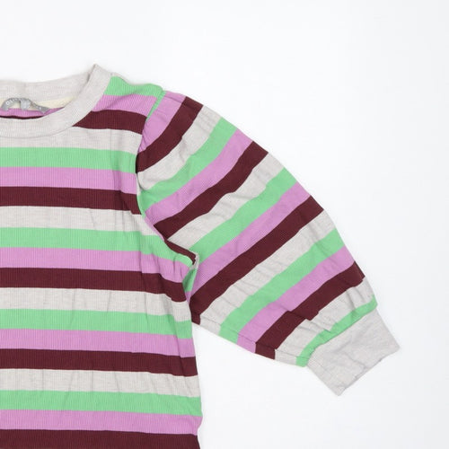 Oliver Bonas Women Multicoloured UK 10 Striped Ribbed Balloon Sleeve Top