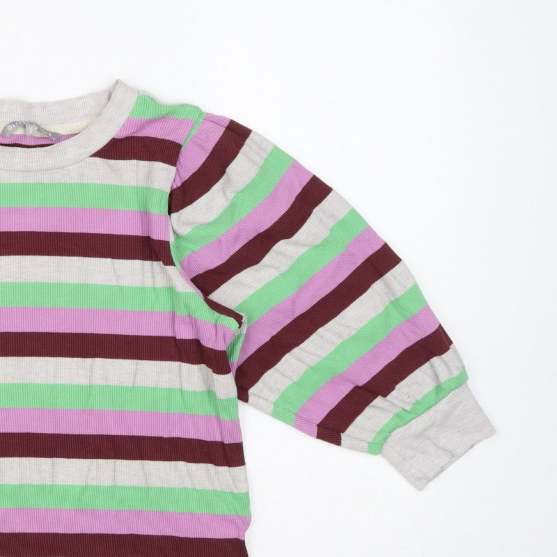 Oliver Bonas Women Multicoloured UK 10 Striped Ribbed Balloon Sleeve Top