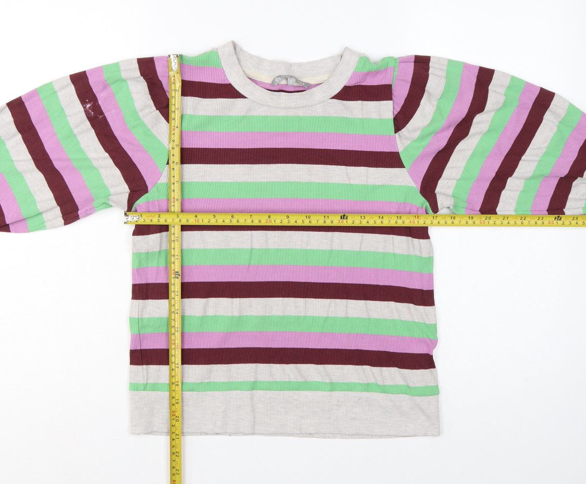 Oliver Bonas Women Multicoloured UK 10 Striped Ribbed Balloon Sleeve Top