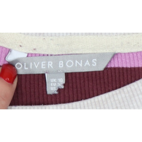 Oliver Bonas Women Multicoloured UK 10 Striped Ribbed Balloon Sleeve Top