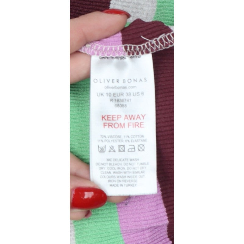 Oliver Bonas Women Multicoloured UK 10 Striped Ribbed Balloon Sleeve Top