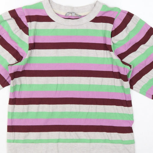Oliver Bonas Women Multicoloured UK 10 Striped Ribbed Balloon Sleeve Top