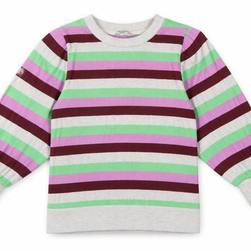 Oliver Bonas Women Multicoloured UK 10 Striped Ribbed Balloon Sleeve Top