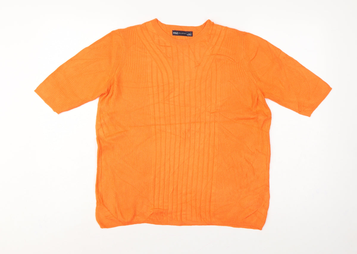 Marks and Spencer Women Orange L Rib Knit Short Sleeve Pullover Jumper