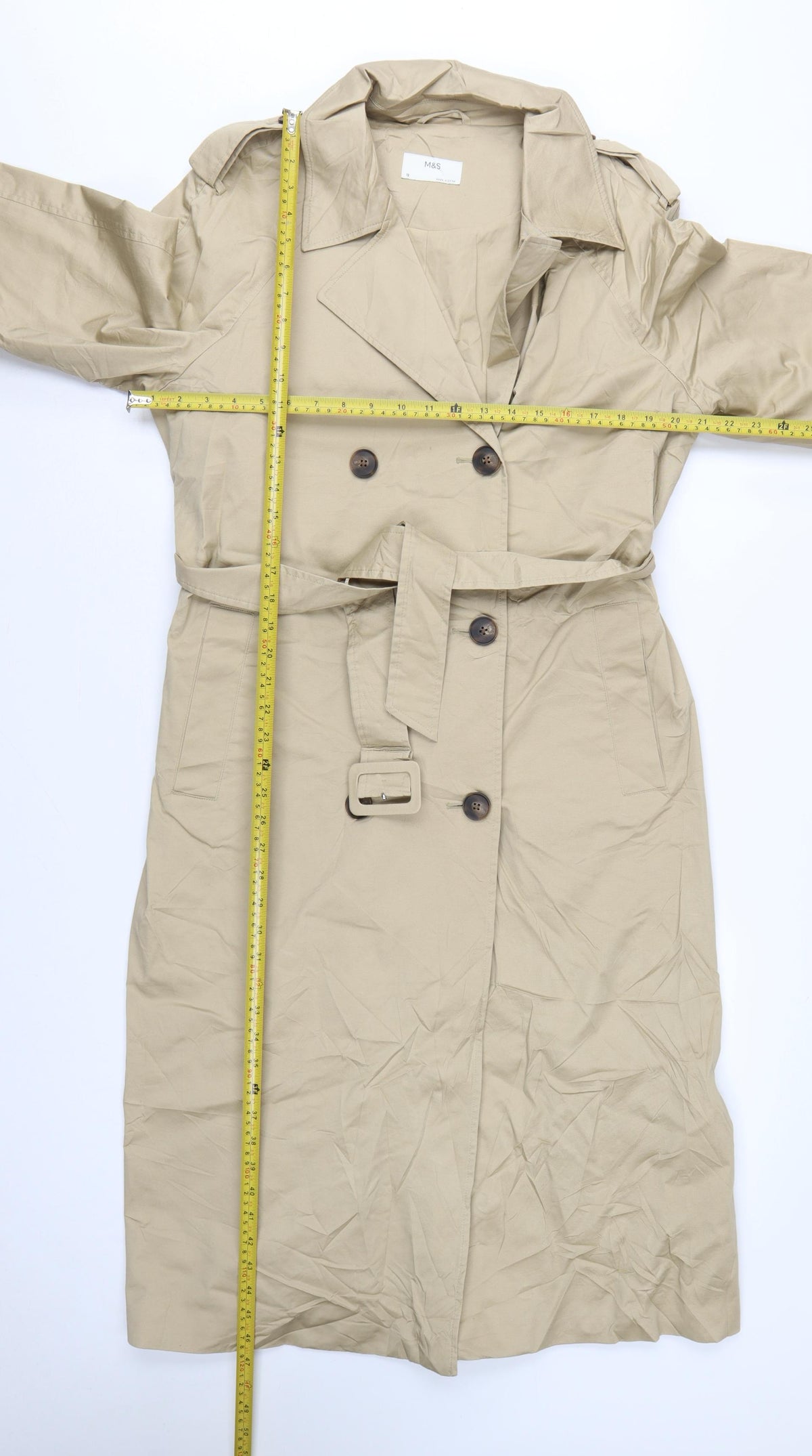 M&S Women’s Beige UK 12 Long Belted Classic Trench Coat Cotton Blend
