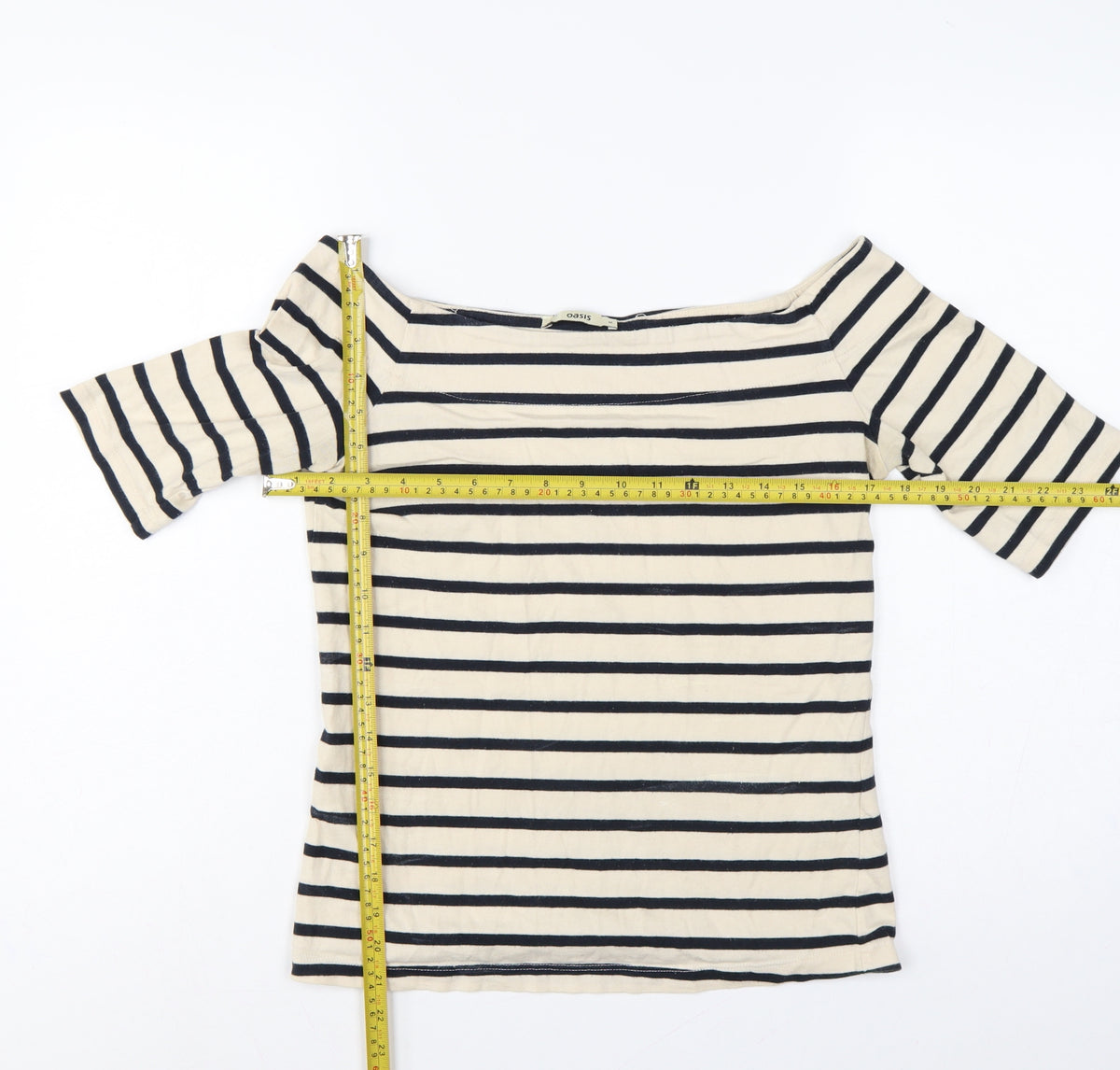 Oasis Women Ivory Navy Striped Cotton Boat Neck T-Shirt UK 12