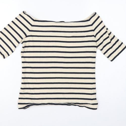 Oasis Women Ivory Navy Striped Cotton Boat Neck T-Shirt UK 12