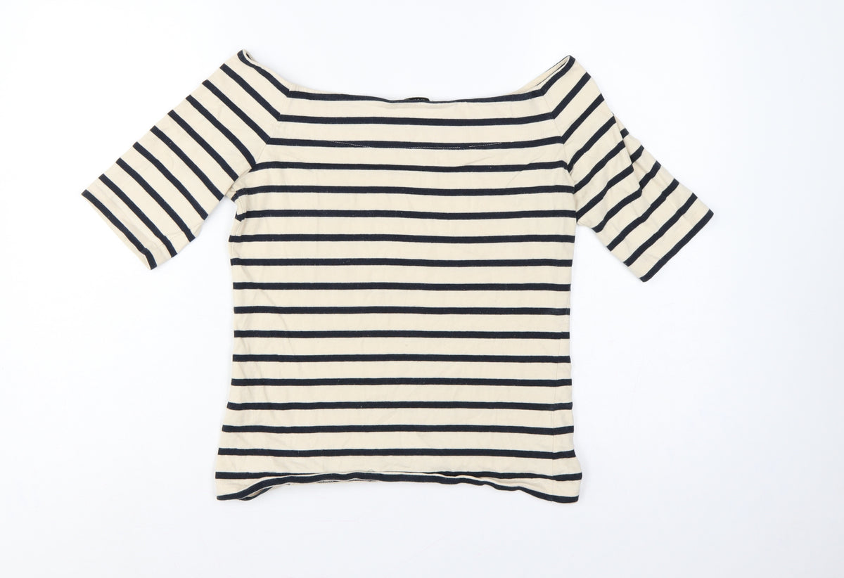 Oasis Women Ivory Navy Striped Cotton Boat Neck T-Shirt UK 12