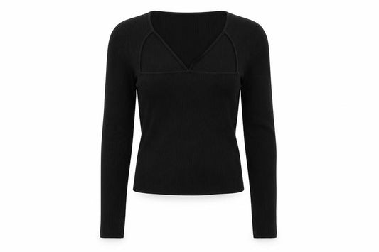 Zara Women Black M Rib Knit Scoop Neck Long Sleeve Fitted Top