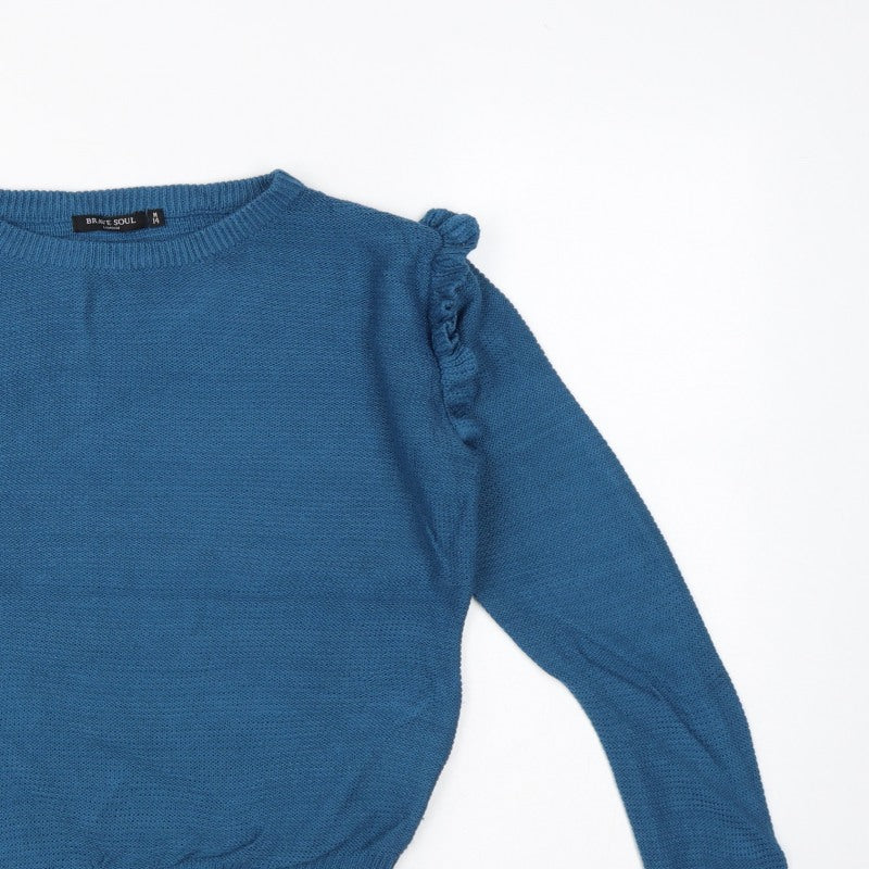 Brave Soul Women’s Blue UK 14 Ruffle Shoulder Crew Neck Knit Jumper