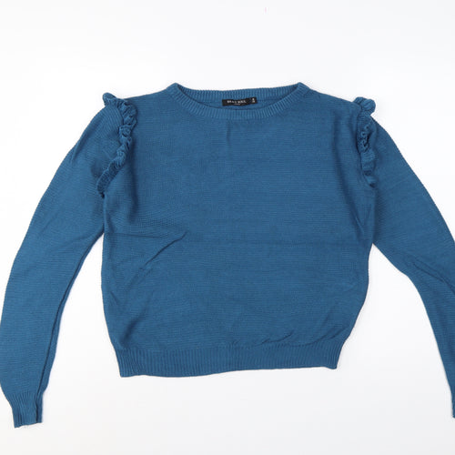 Brave Soul Women’s Blue UK 14 Ruffle Shoulder Crew Neck Knit Jumper