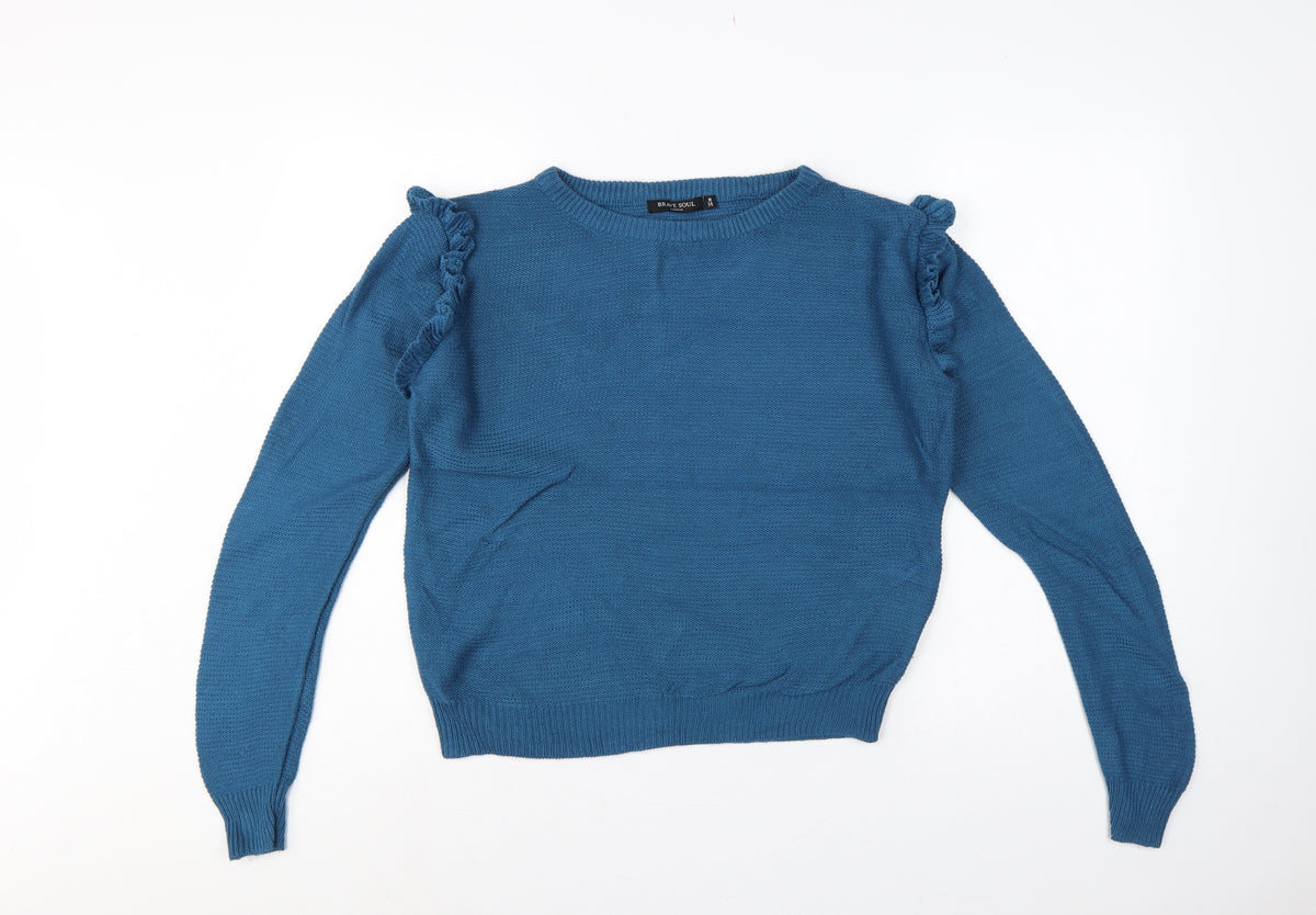Brave Soul Women’s Blue UK 14 Ruffle Shoulder Crew Neck Knit Jumper