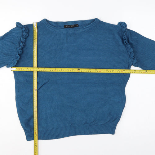 Brave Soul Women’s Blue UK 14 Ruffle Shoulder Crew Neck Knit Jumper
