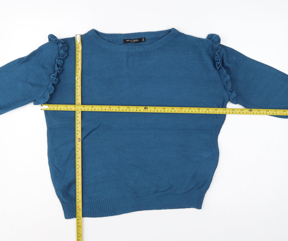 Brave Soul Women’s Blue UK 14 Ruffle Shoulder Crew Neck Knit Jumper