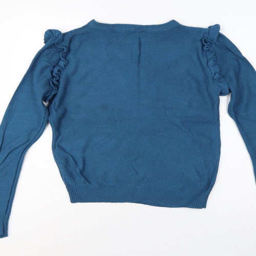 Brave Soul Women’s Blue UK 14 Ruffle Shoulder Crew Neck Knit Jumper