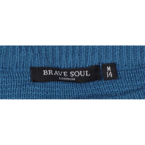 Brave Soul Women’s Blue UK 14 Ruffle Shoulder Crew Neck Knit Jumper