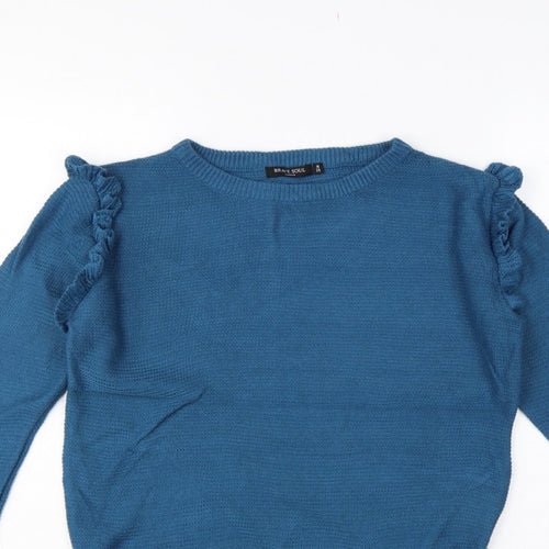Brave Soul Women’s Blue UK 14 Ruffle Shoulder Crew Neck Knit Jumper