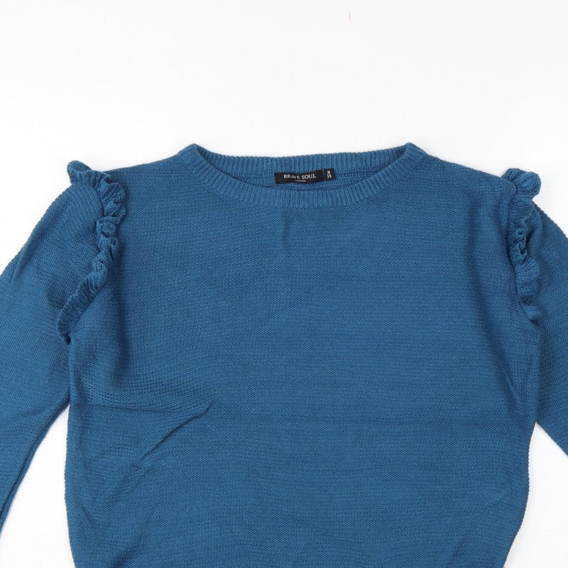 Brave Soul Women’s Blue UK 14 Ruffle Shoulder Crew Neck Knit Jumper