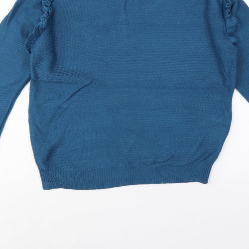Brave Soul Women’s Blue UK 14 Ruffle Shoulder Crew Neck Knit Jumper