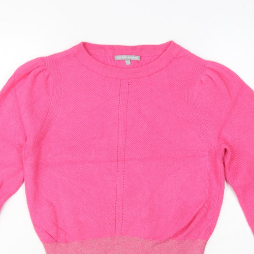 Oliver Bonas Women Pink Glitter Puff Sleeve Knit Jumper UK 10