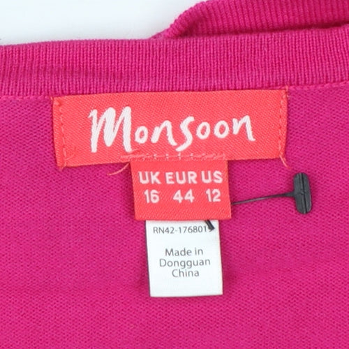 Monsoon Women Pink UK 16 Cropped Open Front Long Sleeve Knit Bolero