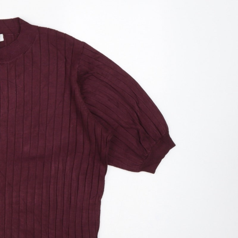 R Women’s Burgundy Red L Rib Knit Balloon Sleeve Short Sleeve Jumper