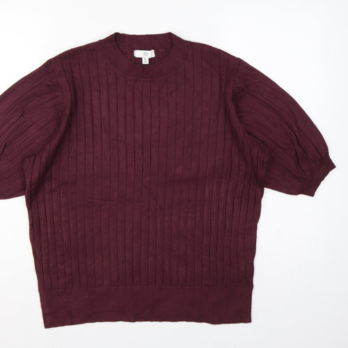 R Women’s Burgundy Red L Rib Knit Balloon Sleeve Short Sleeve Jumper