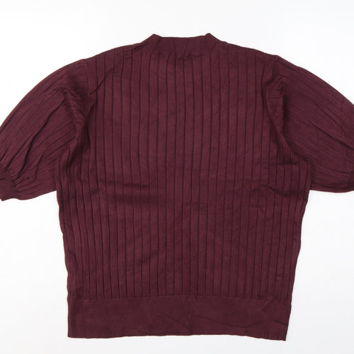 R Women’s Burgundy Red L Rib Knit Balloon Sleeve Short Sleeve Jumper