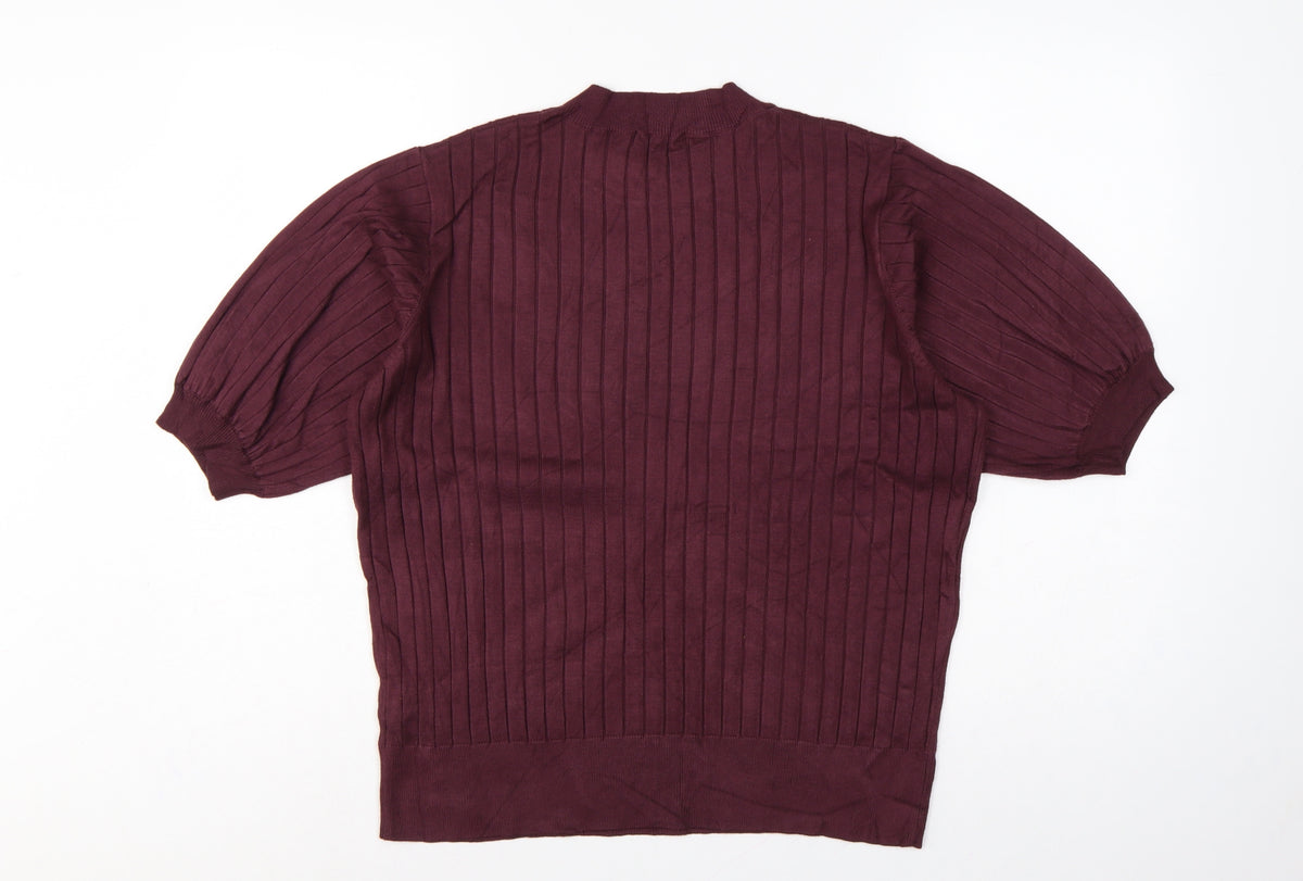 R Women’s Burgundy Red L Rib Knit Balloon Sleeve Short Sleeve Jumper