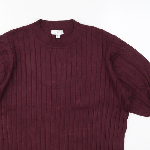 R Women’s Burgundy Red L Rib Knit Balloon Sleeve Short Sleeve Jumper