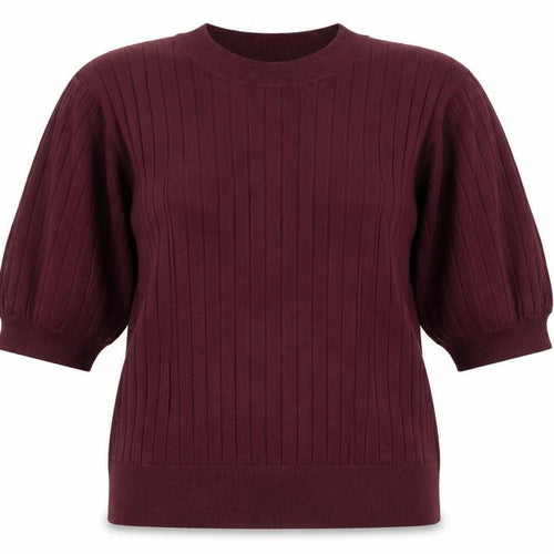 R Women’s Burgundy Red L Rib Knit Balloon Sleeve Short Sleeve Jumper