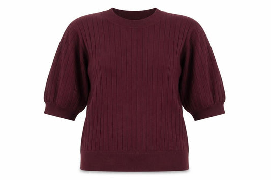 R Women’s Burgundy Red L Rib Knit Balloon Sleeve Short Sleeve Jumper