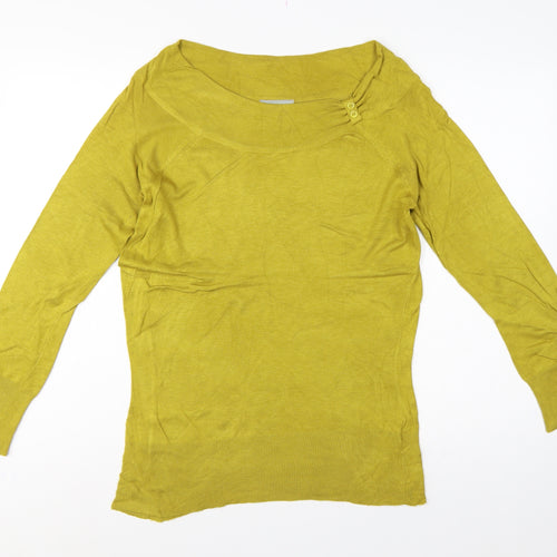 Wallis Women Yellow Size 8 Fine Knit Button Cowl Neck Pullover