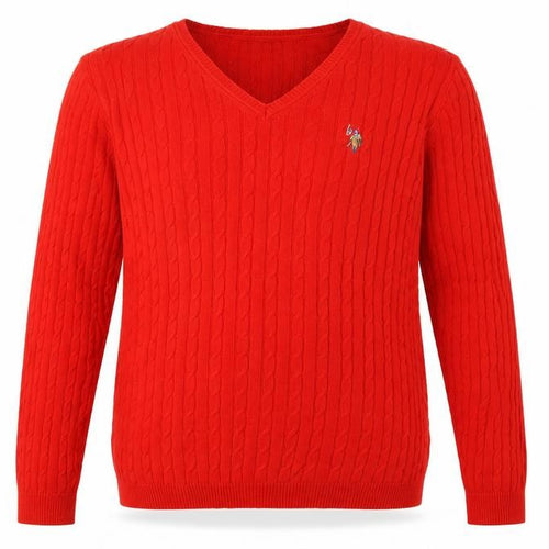 U.S. Polo Assn. Men’s Red XL Cable Knit V-Neck Cotton Jumper