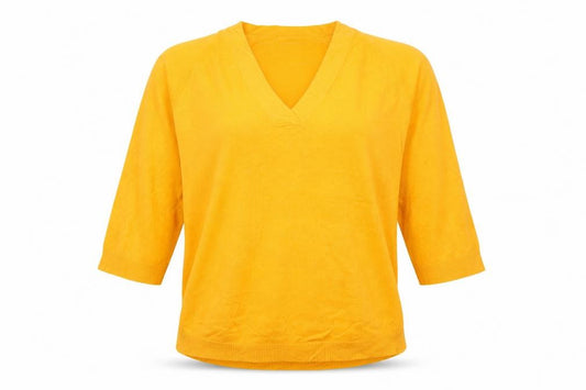 Masai Women Yellow XS Relaxed V-Neck Short Sleeve Knit Jumper